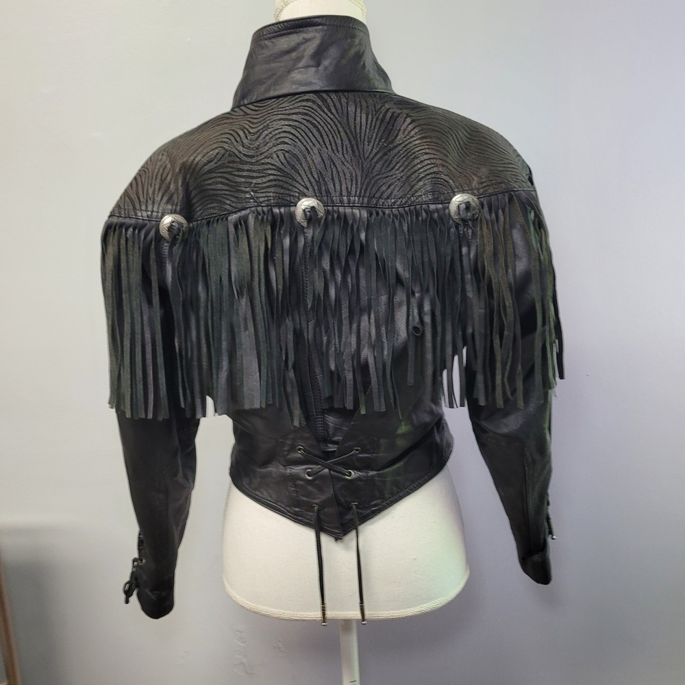 Vintage Black Leather Fringe Western Jacket Zebra Embossed Concho Cropped 90s - Picture 8 of 16